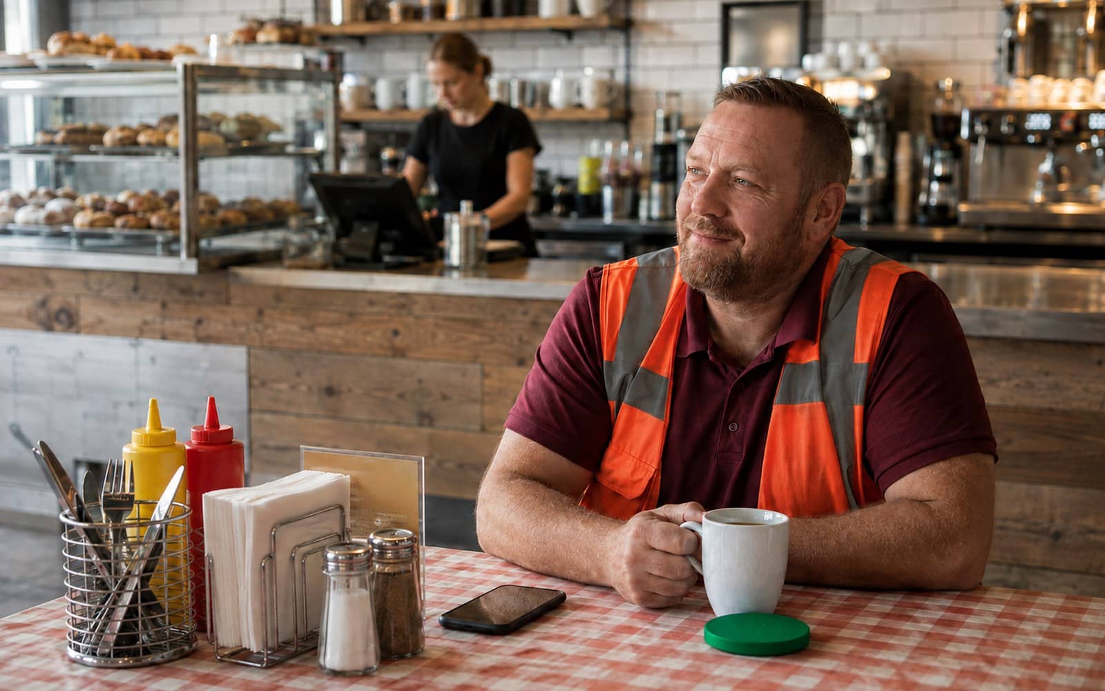 LKW-Fahrer in der Pause am Autohof, Kaffee und Handy in der Hand