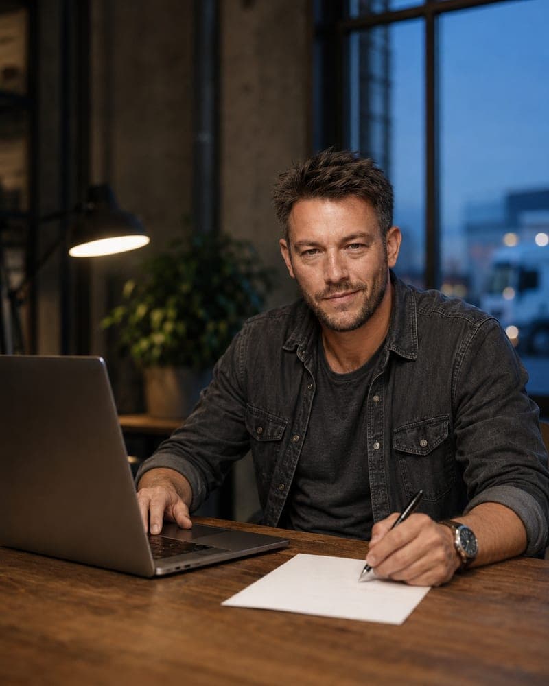 Steuerberater am Abend an seinem Schreibtisch am Laptop, vor dem Fenster ein LKW